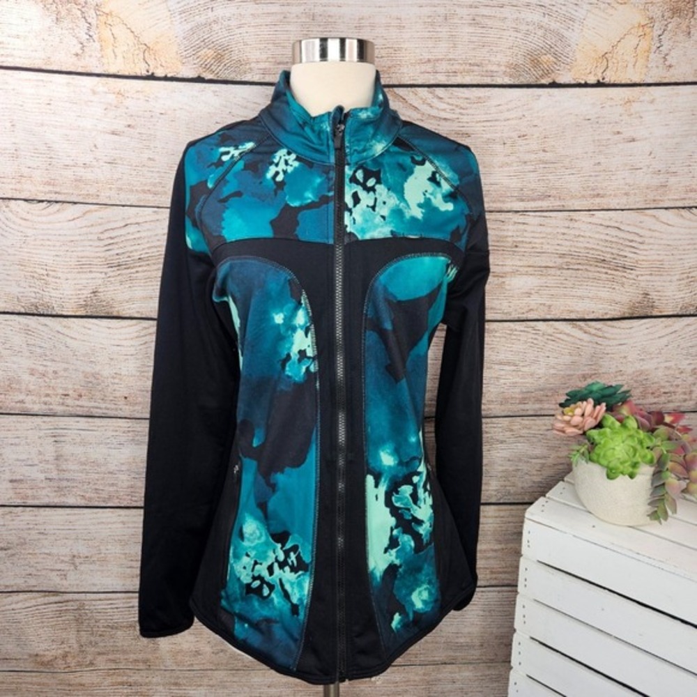 Fabletics Jojo Full Zip Jacket‎ Nocturnal Teal Black Floral Print Large